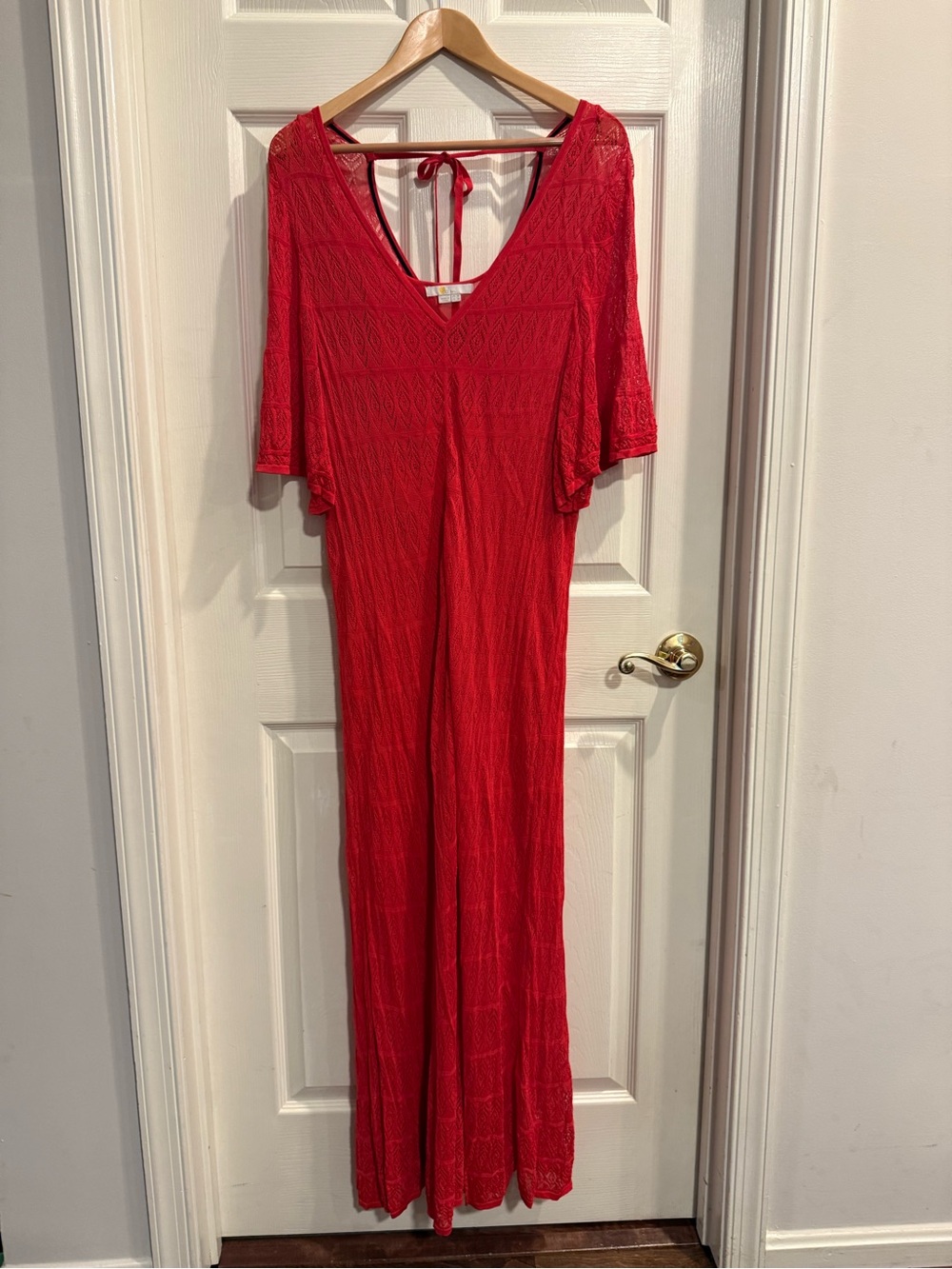 Boden Red V-Neck Crochet Maxi Dress with Tie Back